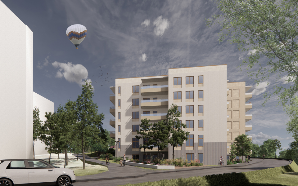 Flerbostadshus vid en t-korsning. Ljus fasad och 6 våningar. Människor som cyklar och går. Bil till vänster i bild och luftballong som flyger över huset. Illustration